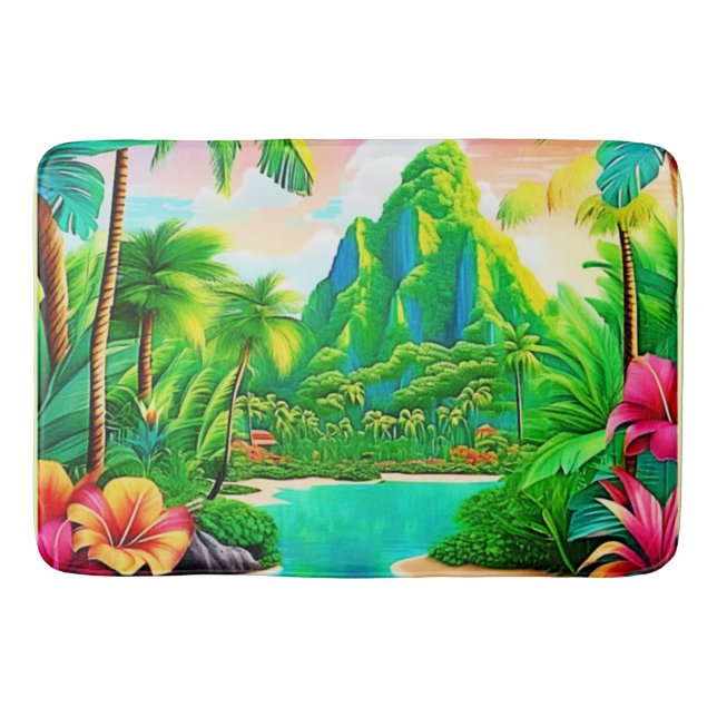 Vibrant Ocean Waves & Palm Trees Art Bath Mat (Front)