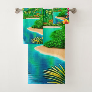 Vibrant Ocean Waves & Palm Trees Art Bath Towel Set