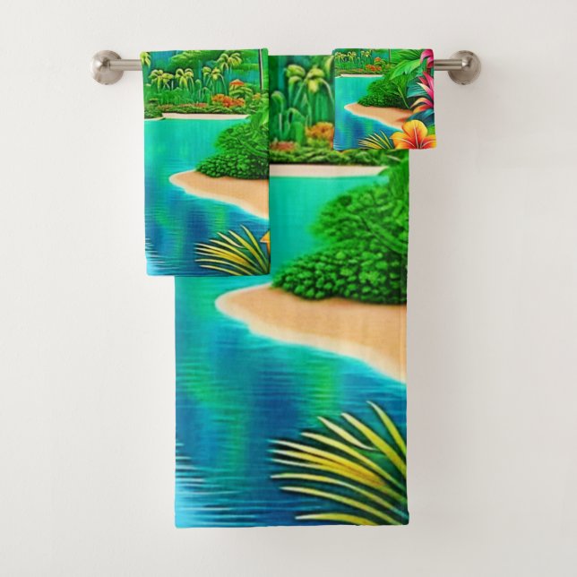 Vibrant Ocean Waves & Palm Trees Art Bath Towel Set (Insitu)