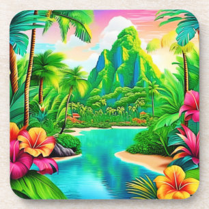 Vibrant Ocean Waves & Palm Trees Art Coaster