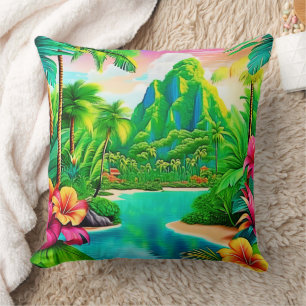 Vibrant Ocean Waves & Palm Trees Art Cushion