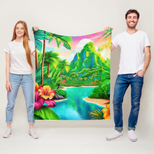 Vibrant Ocean Waves & Palm Trees Art Fleece Blanket