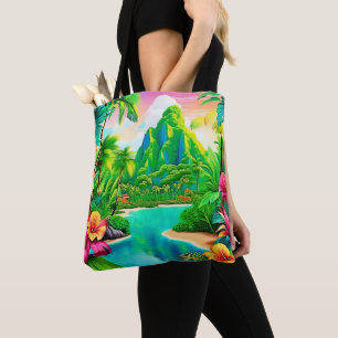 Vibrant Ocean Waves & Palm Trees Art Tote Bag