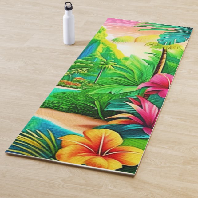 Vibrant Ocean Waves & Palm Trees Art Yoga Mat (In Situ)