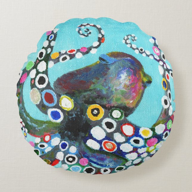 Vibrant Octopus: Acrylic Illustration Round Cushion (Front)