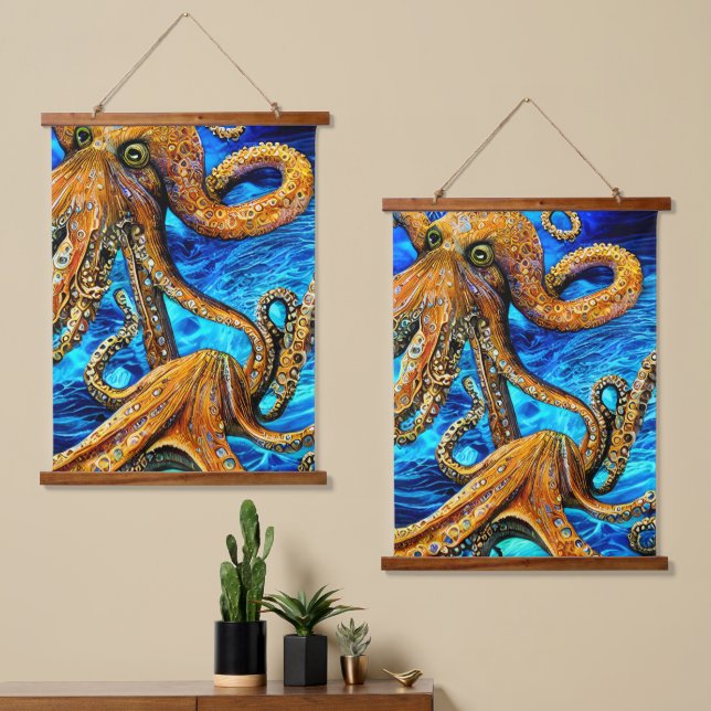 Vibrant Octopus Blue Ocean Wave Minimalism Hanging Tapestry (Asymmetrical)
