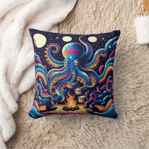 Vibrant Octopus Drumming by Campfire Cushion