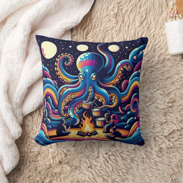 Vibrant Octopus Drumming by Campfire Cushion (Blanket)