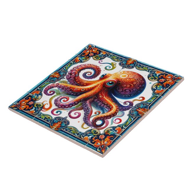 Vibrant Octopus Tile Art Depicting Ocean Life (Side)
