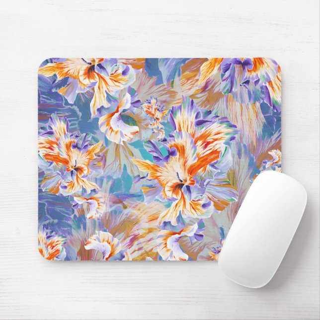 Vibrant Orange and Blue Abstract Floral Mouse Pad (With Mouse)