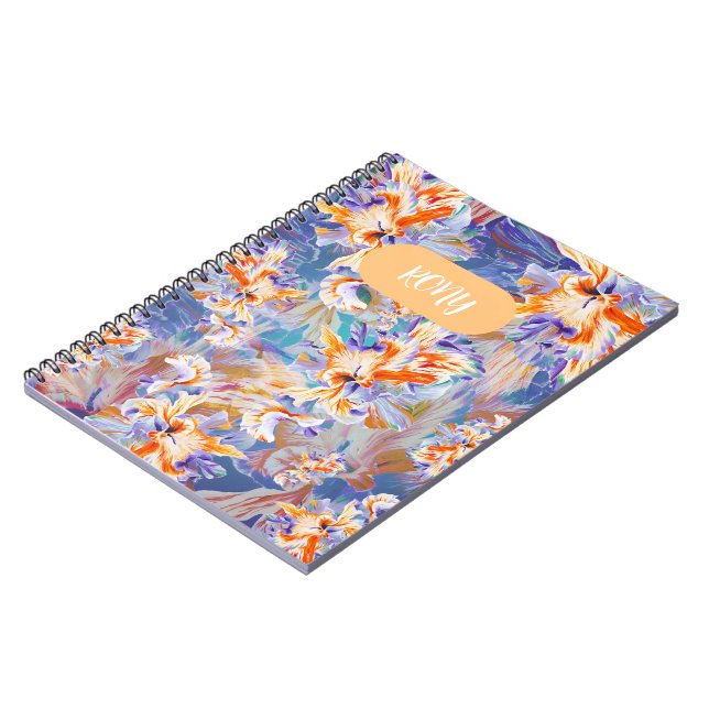 Vibrant Orange and Blue Abstract Floral Spiral Notebook (Left Side)