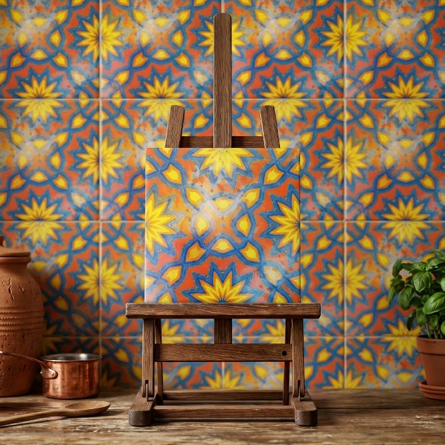 Vibrant Orange and Blue Moroccan Floral Mandala Ceramic Tile (Creator Uploaded)