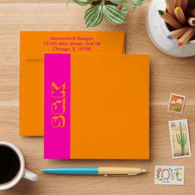 Vibrant Orange and Hot Pink Monogram Personalised Envelope (Desk)