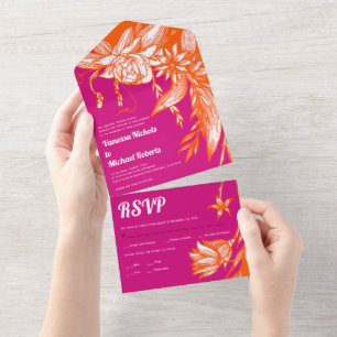 Vibrant orange and pink line art flowers wedding all in one invitation