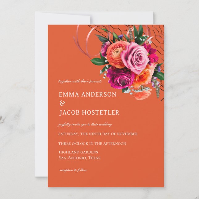 Vibrant Orange and Pink Rose Floral Invitation (Front)