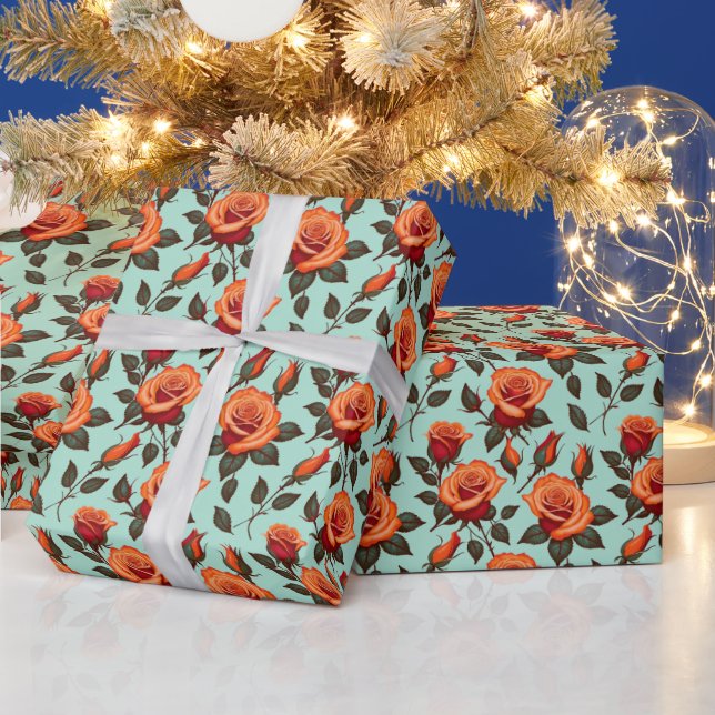 Vibrant Orange And Red Roses Wrapping Paper (Holidays)