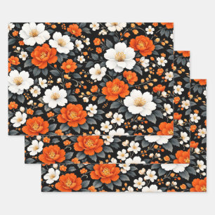 Vibrant Orange and White Flowers on Black Wrapping Paper Sheet