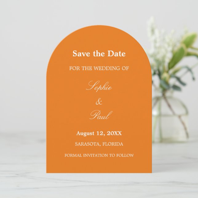 Vibrant Orange Arch Save the Date (Standing Front)