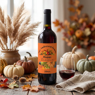 Vibrant Orange Autumn Harvest Thanksgiving Wine Label