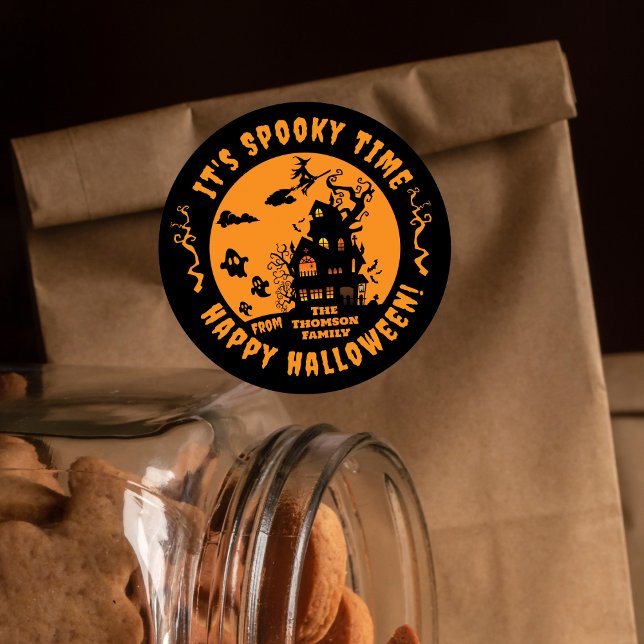 Vibrant Orange Black Haunted House Halloween Classic Round Sticker (Creator Uploaded)