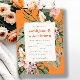 Vibrant Orange Blush Boho Tropical Floral Wedding Invitation