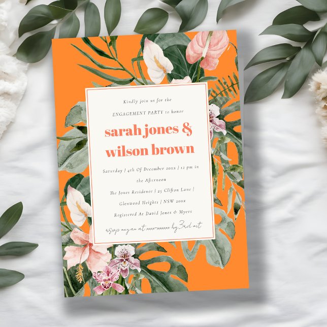 Vibrant Orange Blush Tropical Floral Engagement Invitation (Creator Uploaded)