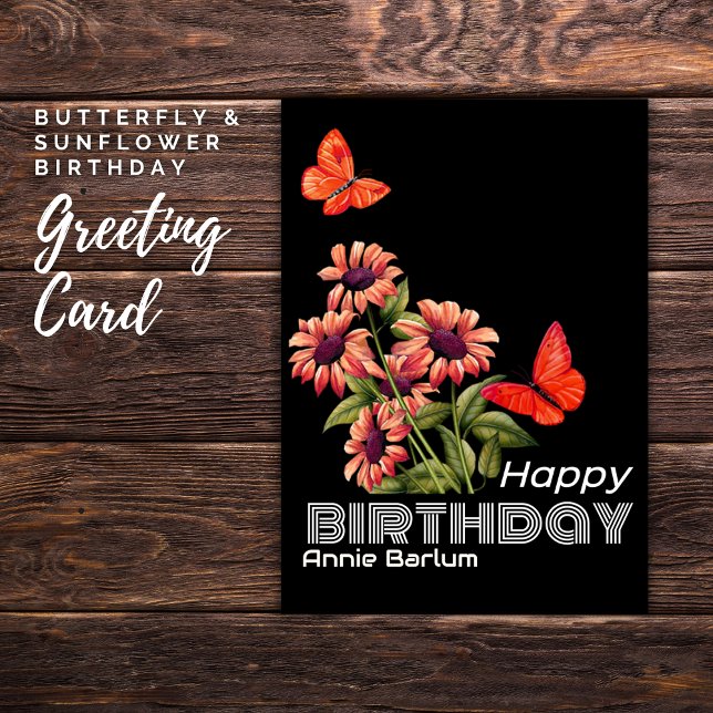 Vibrant Orange Butterfly & Sunflower Birthday Card (Butterfly & Sunflower Birthday)