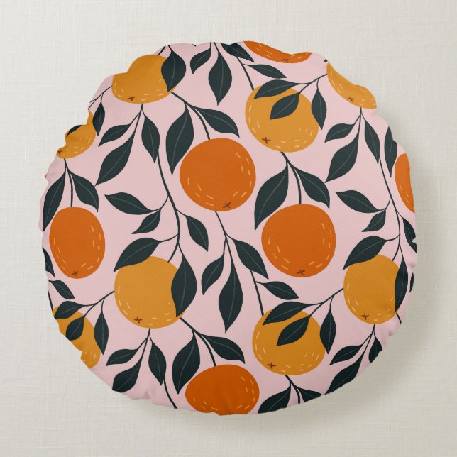 Vibrant Orange Citrus Seamless Pattern Round Cushion (Front)