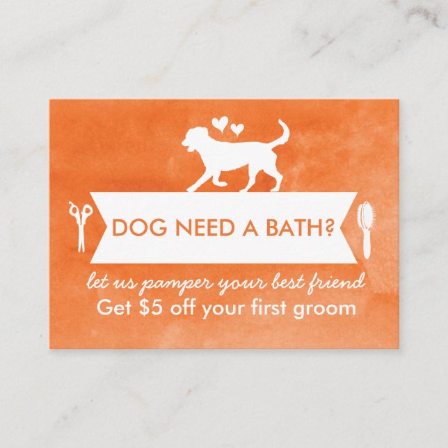 Vibrant Orange Dog Groomer Promotional  Business Card (Front)