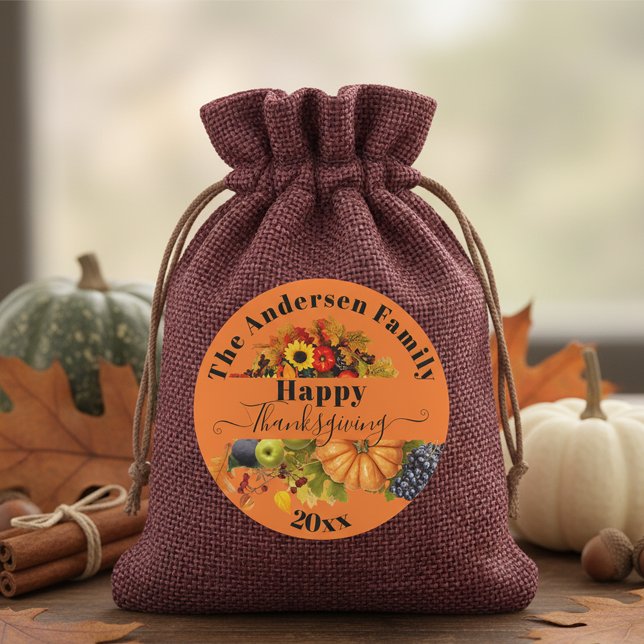 Vibrant Orange Fall Cornucopia Family Thanksgiving Classic Round Sticker (Creator Uploaded)