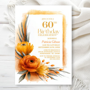 Vibrant Orange Floral 60th Birthday Party Invitation