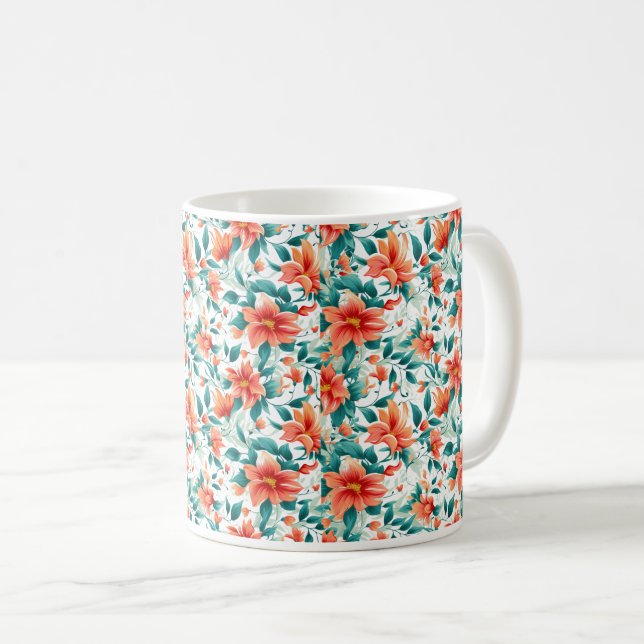 Vibrant Orange Floral Garden Pattern - Elegant Tea Coffee Mug (Front Right)