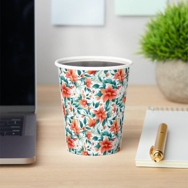 Vibrant Orange Floral Garden Pattern - Elegant Tea Paper Cups (Insitu)