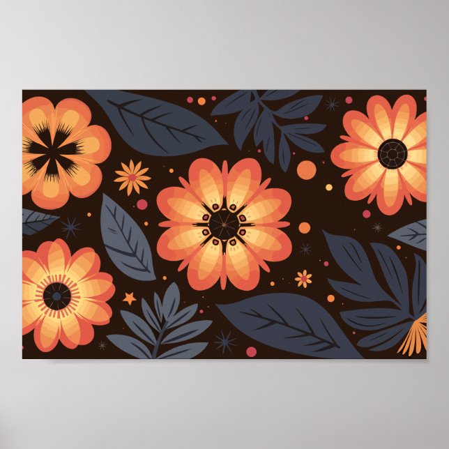 Vibrant Orange Floral Pattern on Dark Background Poster (Front)