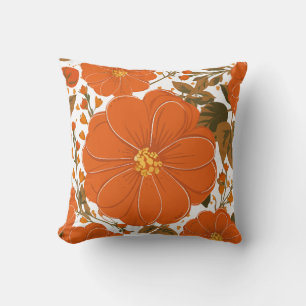Vibrant Orange Floral Pattern with Leaves Cushion
