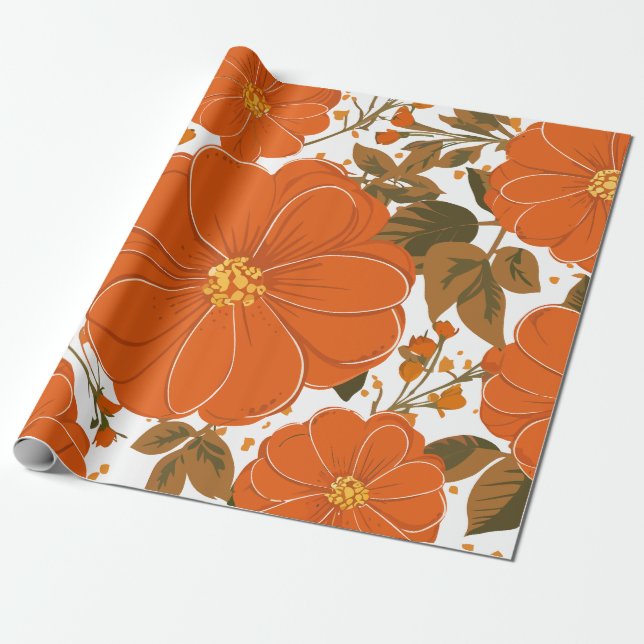 Vibrant Orange Floral Pattern with Leaves Wrapping Paper (Unrolled)