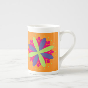 Vibrant Orange Floral Shapes Bone China Mug