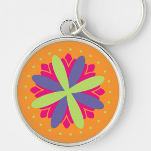 Vibrant Orange Floral Shapes Key Ring
