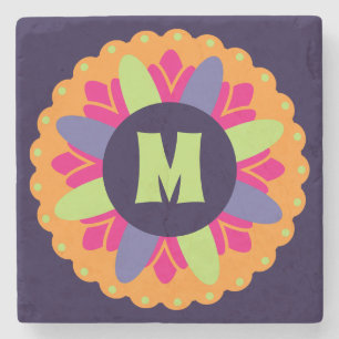 Vibrant Orange Floral Shapes Stone Coaster