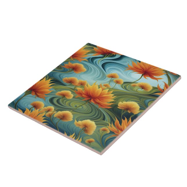 Vibrant Orange Flowers Amidst Swirling Blues Ceramic Tile (Side)