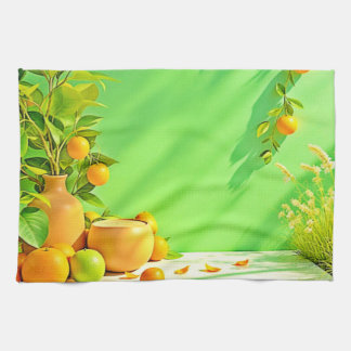 Vibrant Orange Green Still Life Design Tea Towel
