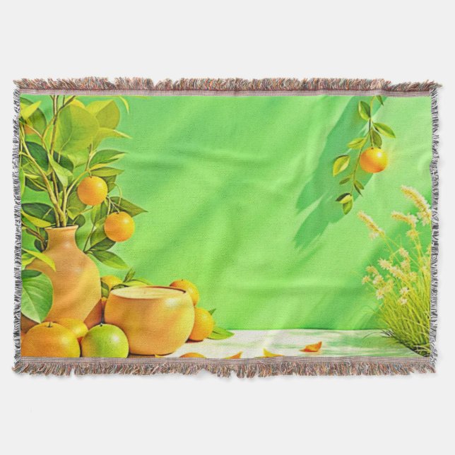 Vibrant Orange Green Still Life Design Throw Blanket (Front)