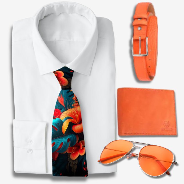 Vibrant Orange  Hawaiian pattern  Tie (Creator Uploaded)