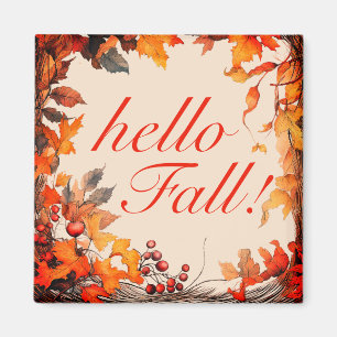 Vibrant Orange "hello Fall!" Autumn Leaves Magnet