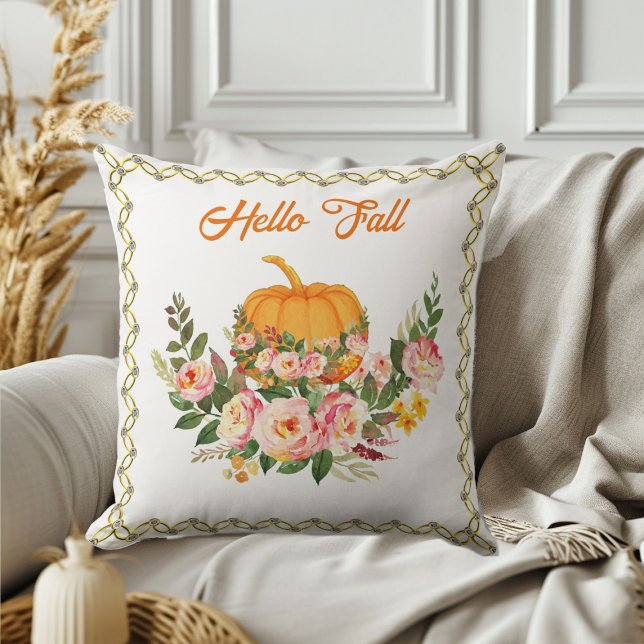 Vibrant Orange Hello Fall Pumpkin Watercolor Rose Cushion (Vibrant Orange Hello Fall Pumpkin Watercolor Rose Throw Pillow)