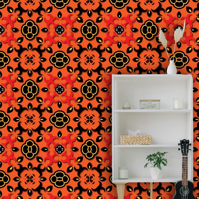 Vibrant Orange Kilim Geometric Floral Pattern Wallpaper (Creator Uploaded)