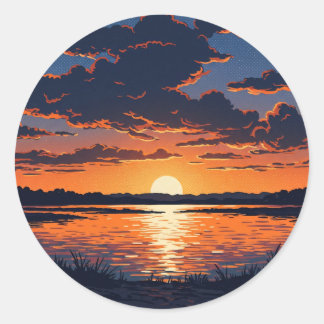 Vibrant Orange Lake Sunset View Classic Round Sticker