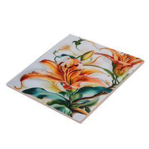 Vibrant Orange Lilies in Bloom During Spring Ceramic Tile