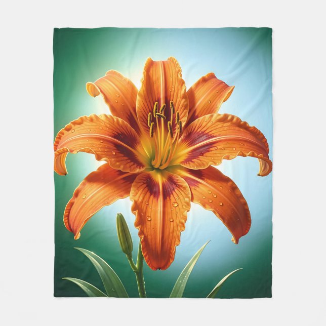 Vibrant Orange Lily Flower Bloom Fleece Blanket (Front)