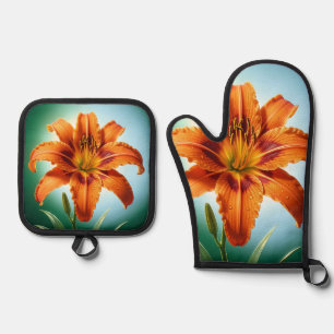 Vibrant Orange Lily Flower Bloom Oven Mitt & Pot Holder Set